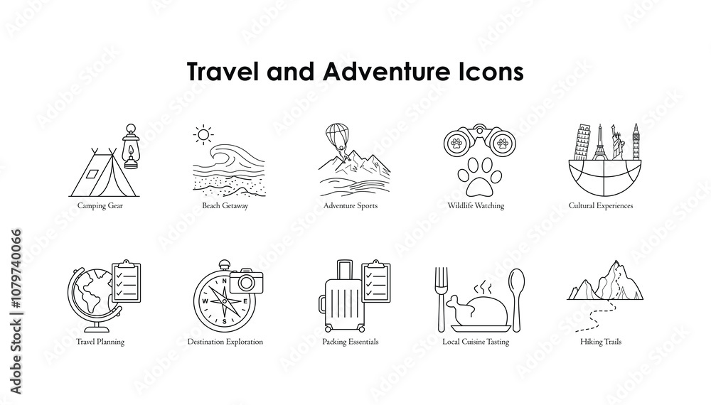 Adventure and Exploration Vector Icons for Travel Enthusiasts. Adventure and Exploration Vector Icons for Travel Enthusiasts.