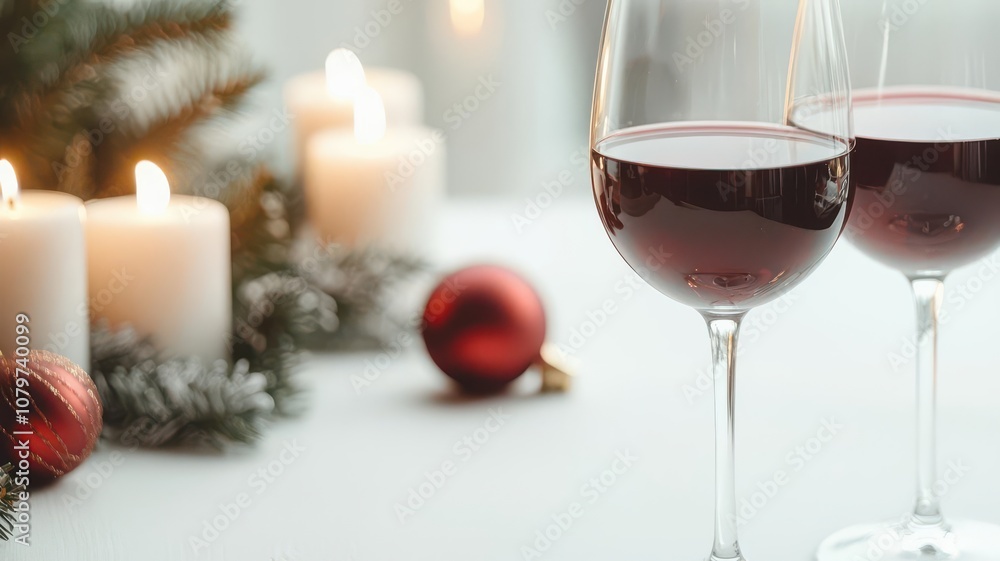 Glasses of red wine with Christmas ornaments and candles on the table, setting the mood for a holiday dinner red wine, Christmas dinner Glasses of red wine with Christmas ornaments and candles on the table, setting the mood for a holiday dinner red wine, Christmas dinner