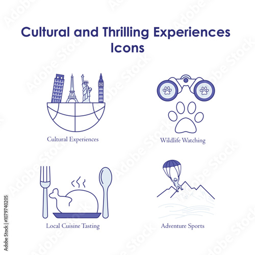 Cultural and Thrilling Experiences Icons: Adventure Sports, Cultural Experiences, Local Cuisine Tasting, Wildlife Watching.