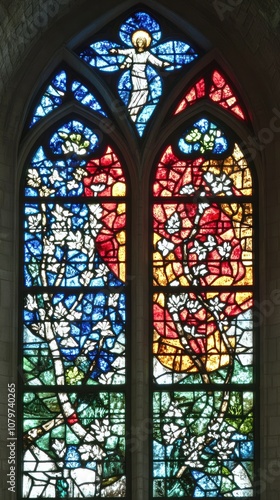 A colorful stained glass window depicting nature and spiritual themes.