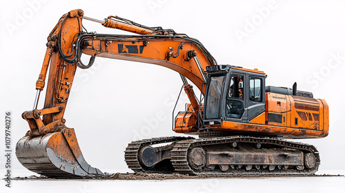 Large orange excavator in action, scooping dirt, with intricate mechanical detailing and a worn, industrial appearance photo