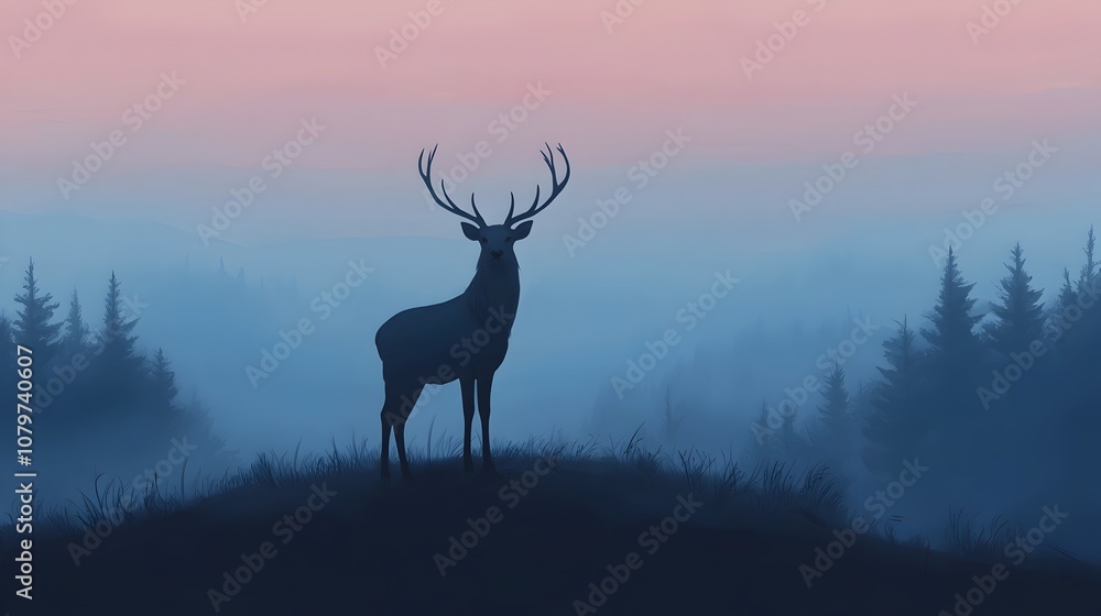 Fototapeta premium A Deer Standing on a Misty Forest Overlook with Cool Tones