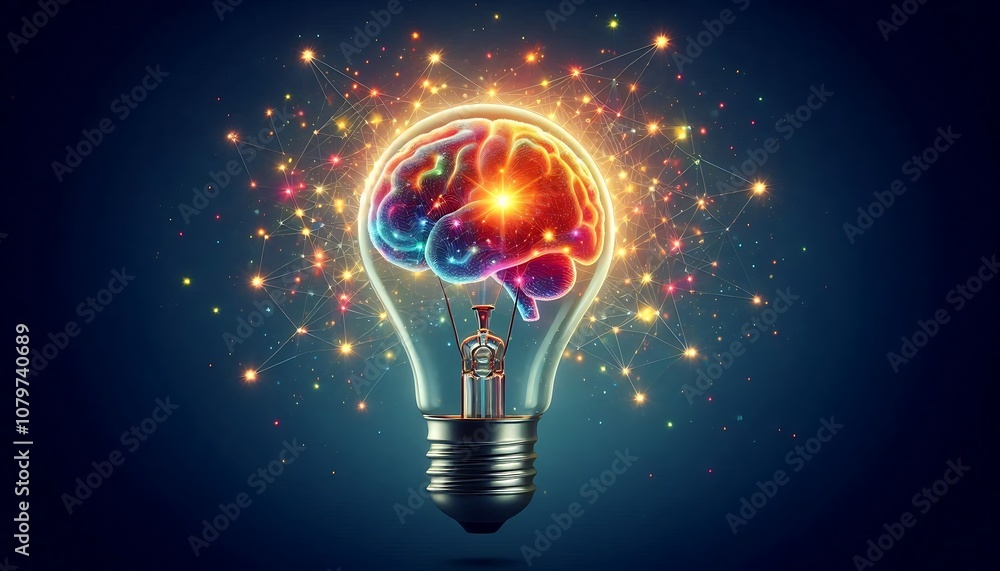 A glowing light bulb with brain as filament symbolizes creativity, innovative ideas and the invention of technology and intelligence, representing the knowledge of human thought and Power of invention A glowing light bulb with brain as filament symbolizes creativity, innovative ideas and the invention of technology and intelligence, representing the knowledge of human thought and Power of invention