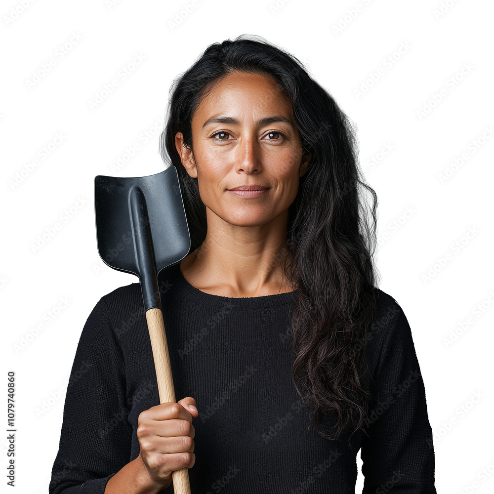 Confident woman holding shovel with determined expression Confident woman holding shovel with determined expression