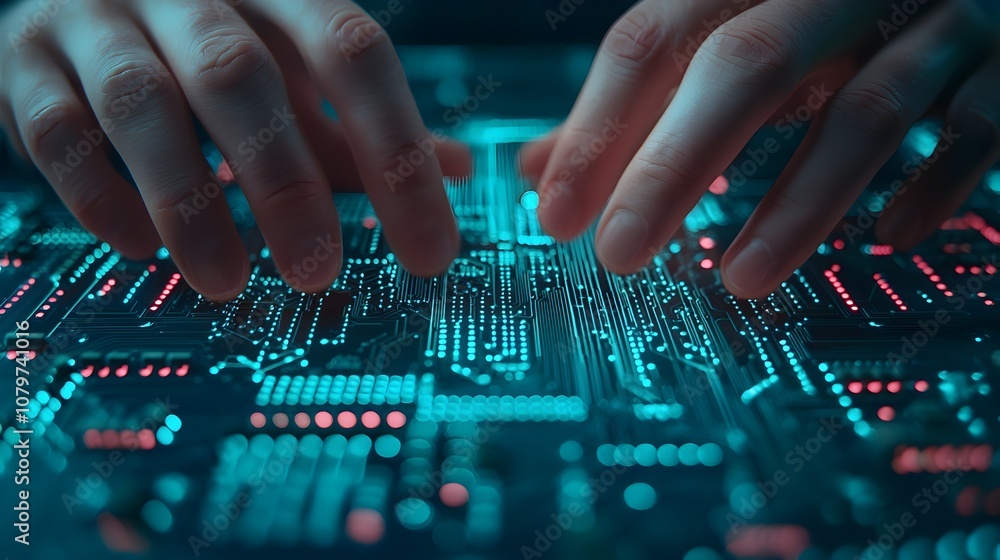Close up of engineer s hands meticulously assembling a high tech robotic circuit board with neon blue lighting Close up of engineer s hands meticulously assembling a high tech robotic circuit board with neon blue lighting