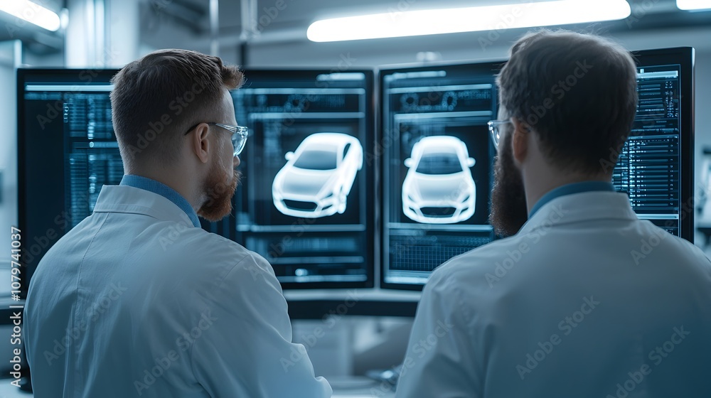 Engineers Analyzing Futuristic Digital Hologram of Smart Car Prototype in Sci Fi Lab Engineers Analyzing Futuristic Digital Hologram of Smart Car Prototype in Sci Fi Lab