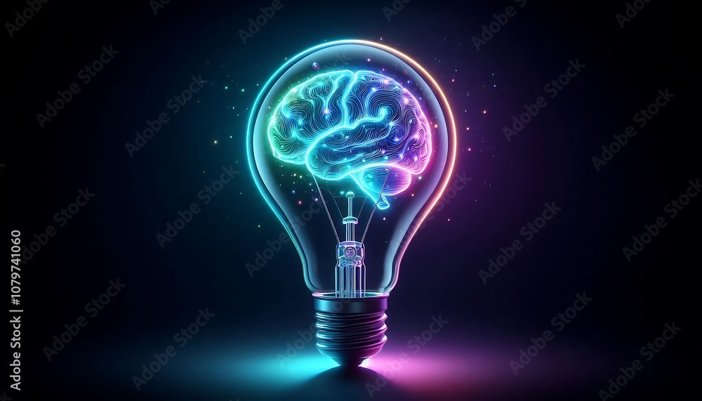 A glowing light bulb with brain as filament symbolizes creativity, innovative ideas and the invention of technology and intelligence, representing the knowledge of human thought and Power of invention A glowing light bulb with brain as filament symbolizes creativity, innovative ideas and the invention of technology and intelligence, representing the knowledge of human thought and Power of invention