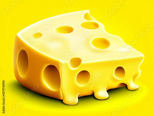 A wedge of Swiss cheese with holes and dripping melted cheese on a yellow background.