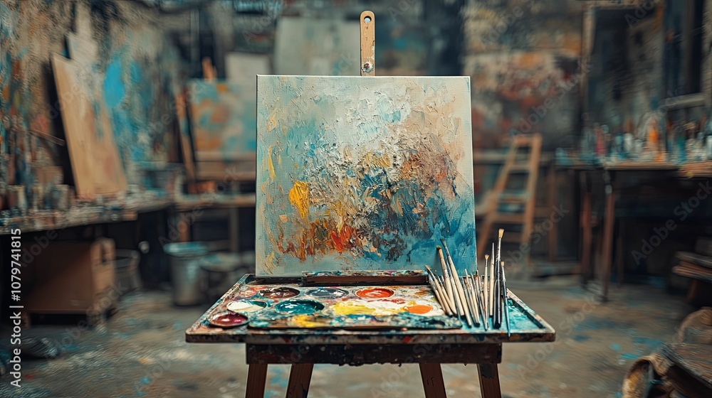Close-up of an Artist's Palette, Brushes, and Canvas with Abstract Painting Close-up of an Artist's Palette, Brushes, and Canvas with Abstract Painting