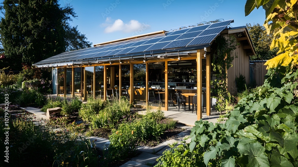A solar-powered sustainable restaurant where all kitchen operations are powered by solar energy, promoting green dining and eco-friendly food practices. A solar-powered sustainable restaurant where all kitchen operations are powered by solar energy, promoting green dining and eco-friendly food practices.
