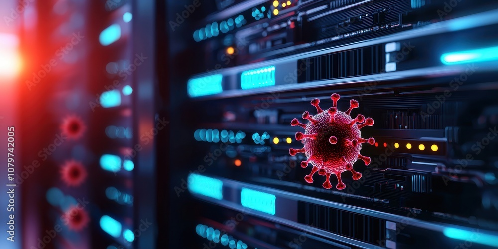 Cybersecurity risk concept. A digital representation of a virus interacting with server hardware Cybersecurity risk concept. A digital representation of a virus interacting with server hardware