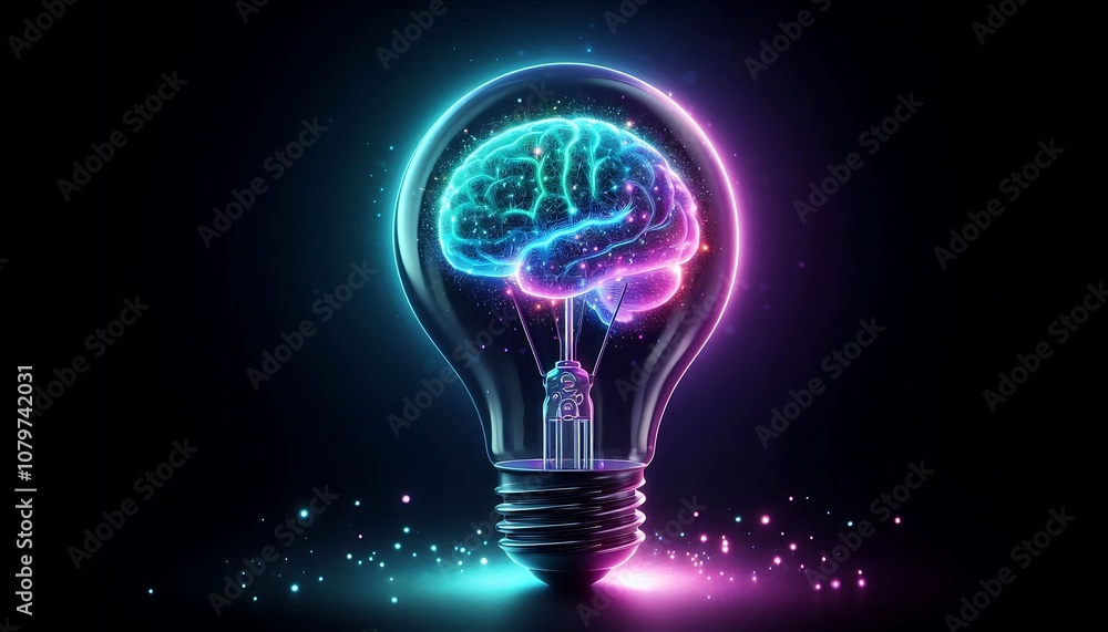 A glowing light bulb with brain as filament symbolizes creativity, innovative ideas and the invention of technology and intelligence, representing the knowledge of human thought and Power of invention A glowing light bulb with brain as filament symbolizes creativity, innovative ideas and the invention of technology and intelligence, representing the knowledge of human thought and Power of invention