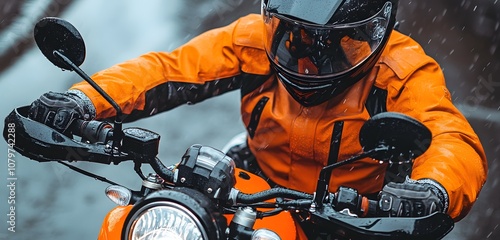 A person in an orange jacket and black helmet riding a motorcycle on a rainy day, close-up view, with an orange-colored background,