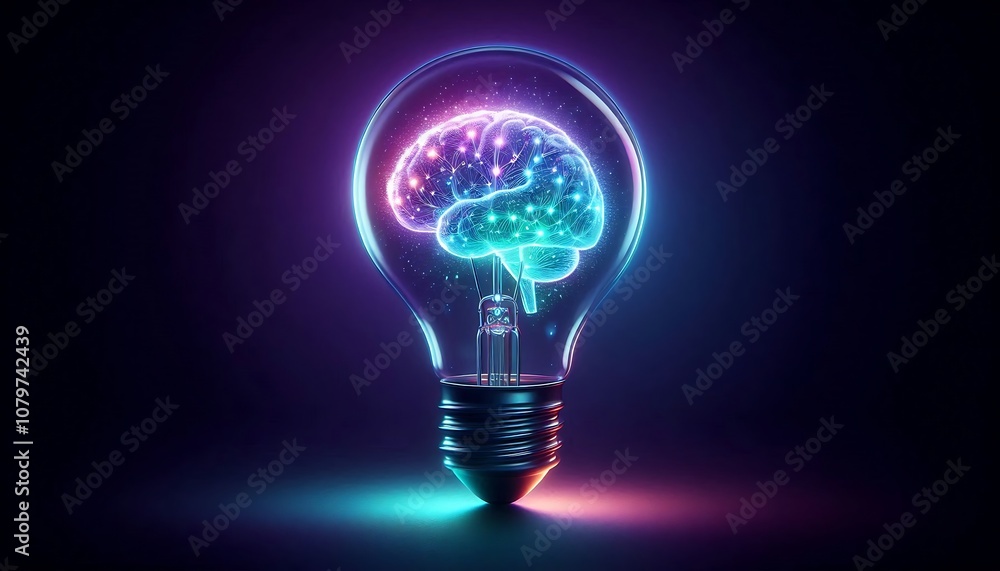 A glowing light bulb with brain as filament symbolizes creativity, innovative ideas and the invention of technology and intelligence, representing the knowledge of human thought and Power of invention A glowing light bulb with brain as filament symbolizes creativity, innovative ideas and the invention of technology and intelligence, representing the knowledge of human thought and Power of invention