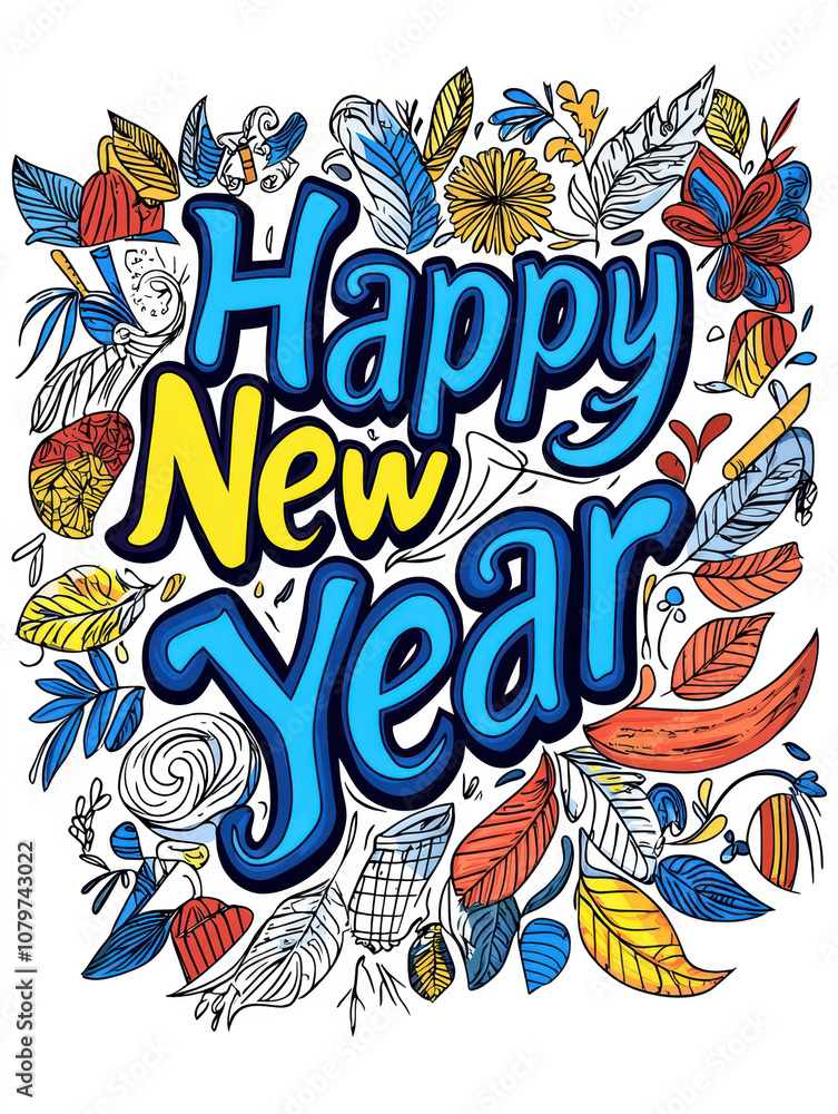 Happy New Year design featuring colorful leaves and festive elements, perfect for celebrating new year with joy and creativity Happy New Year design featuring colorful leaves and festive elements, perfect for celebrating new year with joy and creativity