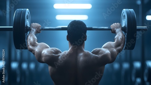Muscular weightlifter straining to lift heavy barbell overhead in intense gym workout