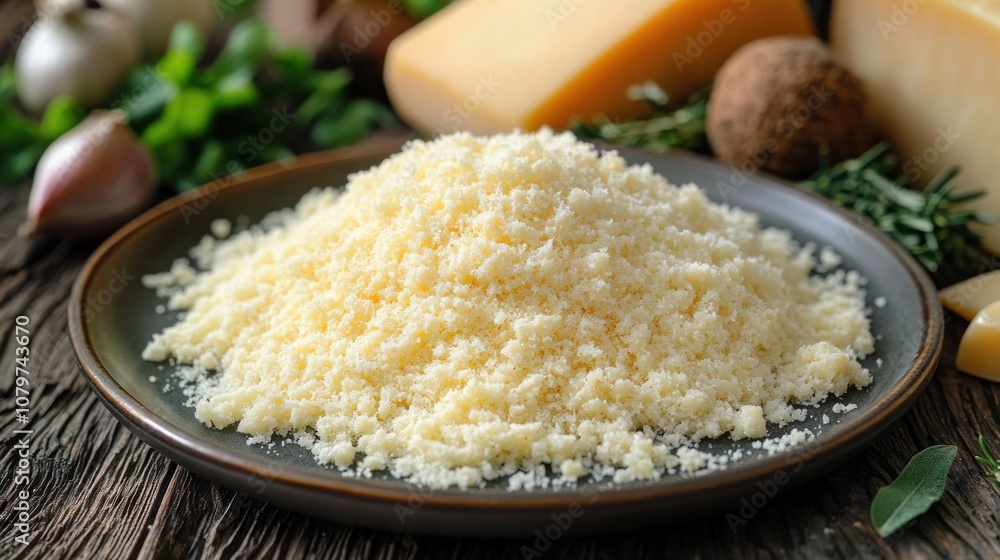 A mound of grated cheese on a rustic plate with fresh ingredients. A mound of grated cheese on a rustic plate with fresh ingredients.