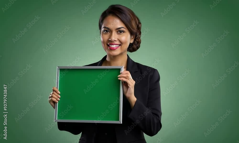 Smiling businesswoman presenting a blank green board, perfect for adding text or graphics. Smiling businesswoman presenting a blank green board, perfect for adding text or graphics.