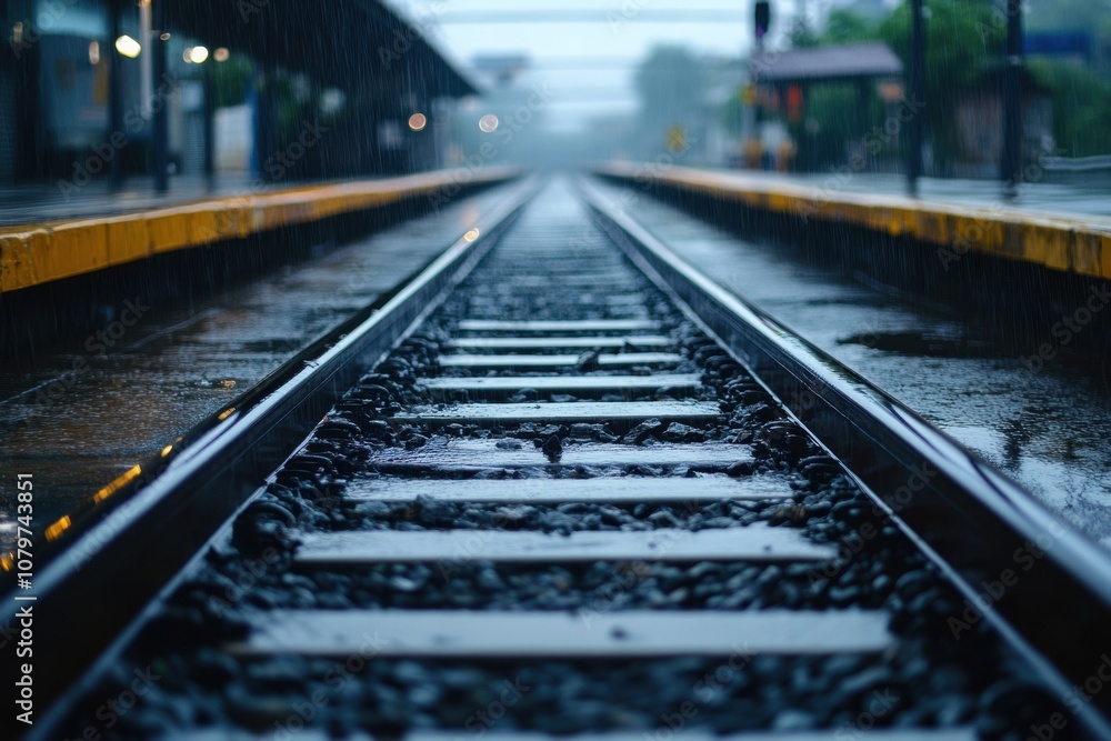 Train tracks vanishing into the distance on a rainy day. Train tracks vanishing into the distance on a rainy day.