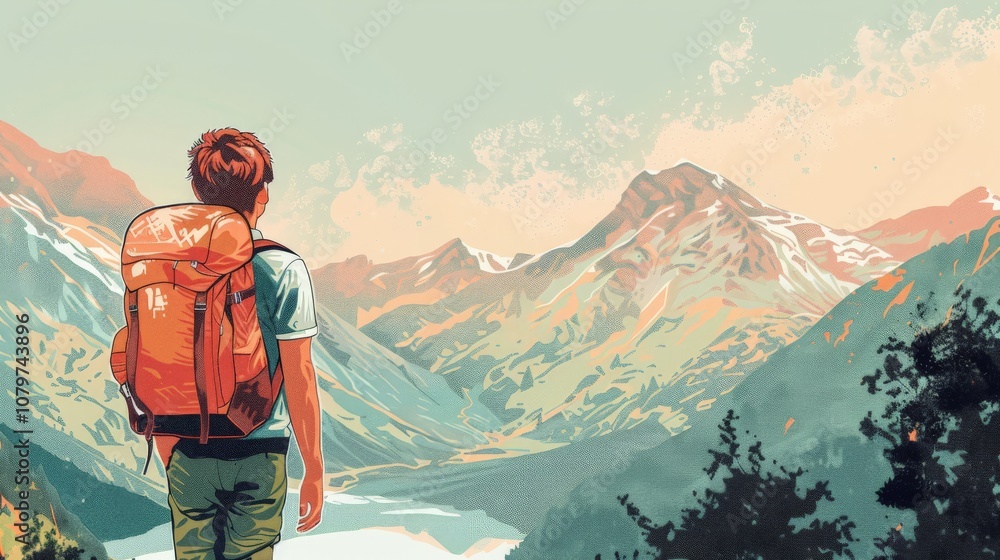 An illustration of a traveler gazing at a distant mountain range, filled with anticipation and adventure An illustration of a traveler gazing at a distant mountain range, filled with anticipation and adventure