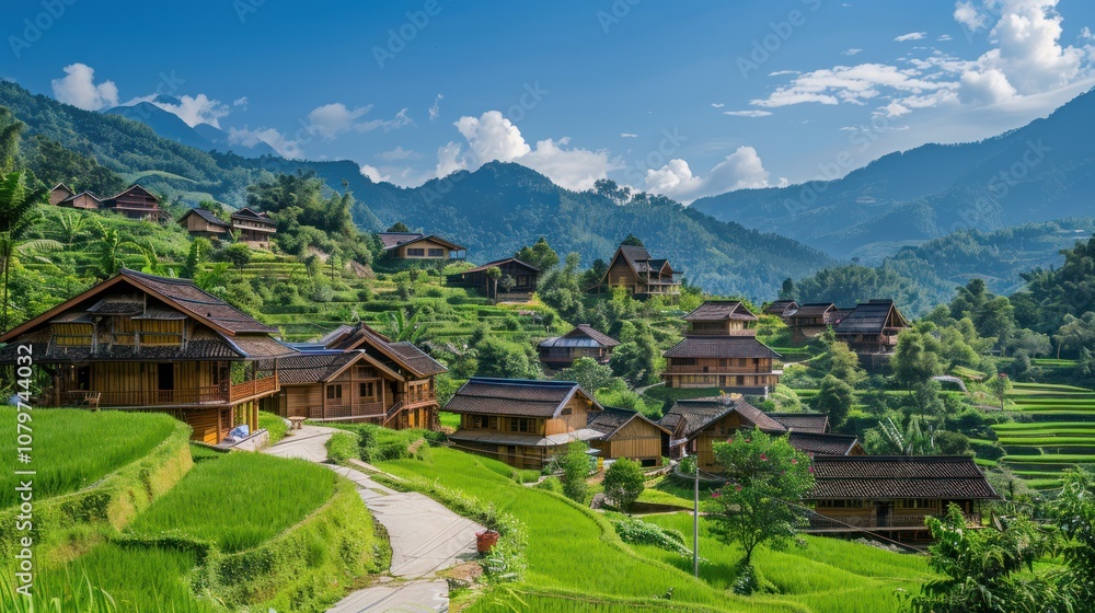 A peaceful rural village nestled in the green hills, with terraced rice fields stretching across the slopes. The vibrant greenery and tranquil setting create a serene, picturesque landscape. A peaceful rural village nestled in the green hills, with terraced rice fields stretching across the slopes. The vibrant greenery and tranquil setting create a serene, picturesque landscape.