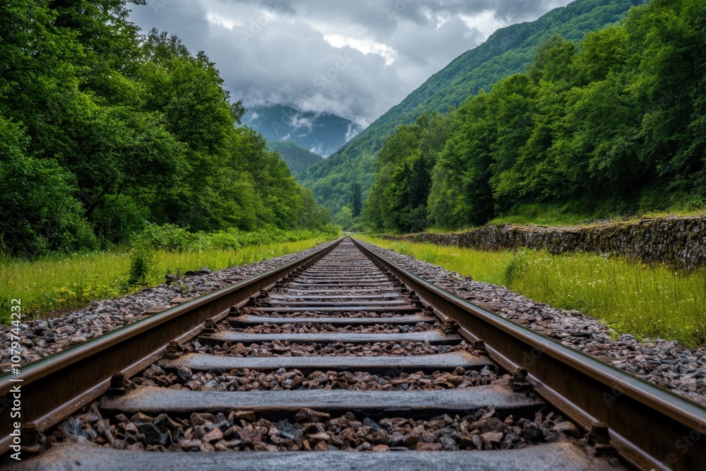 Fototapeta premium Train tracks vanishing into the distance, surrounded by lush greenery and mountains.