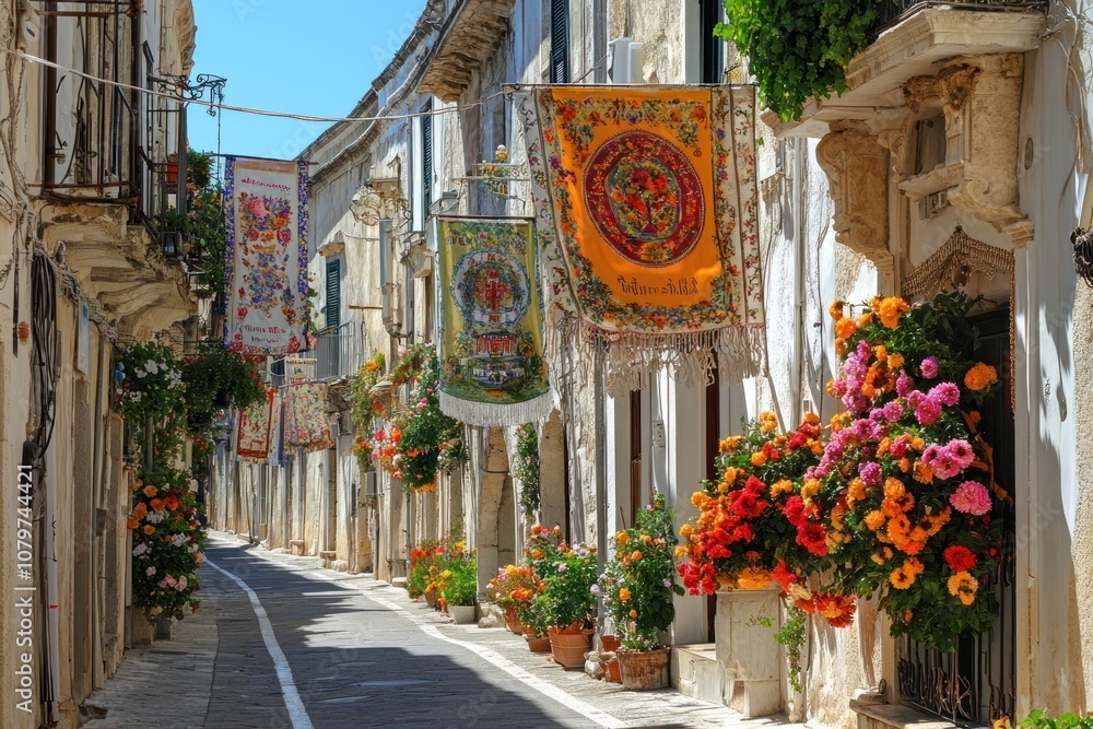 Fototapeta premium A charming street adorned with colorful banners and vibrant flowers in a picturesque setting.
