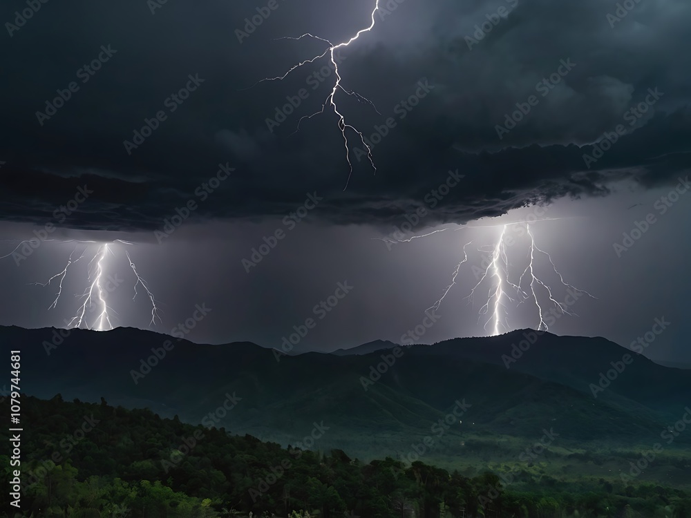 Lightning Strikes Over a Silhouetted Mountain Range Lightning Strikes Over a Silhouetted Mountain Range