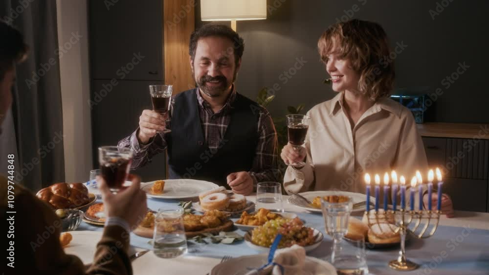 Zoom in shot of happy Jewish family sitting at festive table with traditional meal and menorah candles, clinking glasses of red wine in toast while celebrating Hanukkah at home Zoom in shot of happy Jewish family sitting at festive table with traditional meal and menorah candles, clinking glasses of red wine in toast while celebrating Hanukkah at home