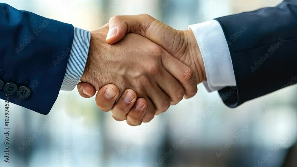 The Deal is Sealed: A powerful handshake between two business professionals symbolizes trust, collaboration, and the successful closing of a deal.  This image evokes confidence and mutual respect. 