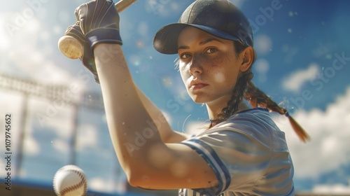 Baseball woman ready to hit the ball with a bat on the field, AI generated image