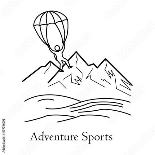 Adventure Sports Icon – Paraglider and Mountains Highlighting Thrilling Activities.