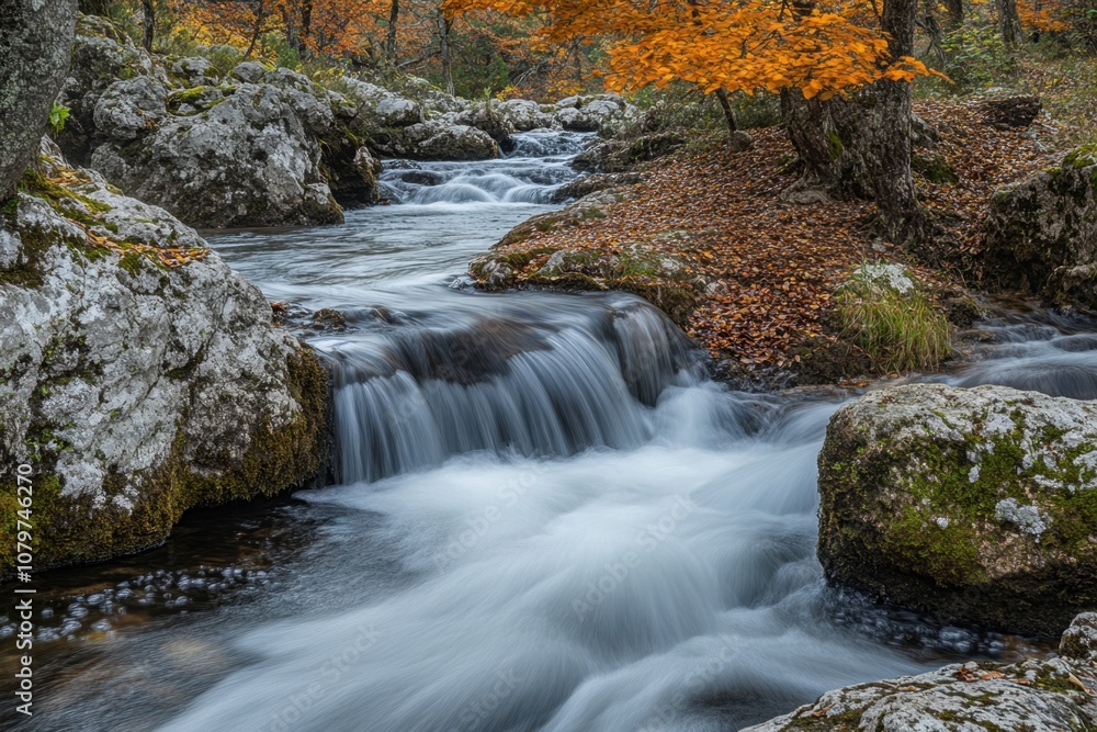 Tranquil creek flowing over mossy rocks with an autumnal backdrop. Tranquil creek flowing over mossy rocks with an autumnal backdrop.