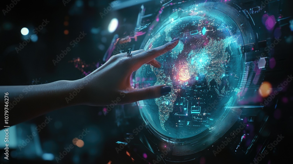 A futuristic concept of a woman hand interacting with digital elements and a world globe, conveying global access to media and technology A futuristic concept of a woman hand interacting with digital elements and a world globe, conveying global access to media and technology