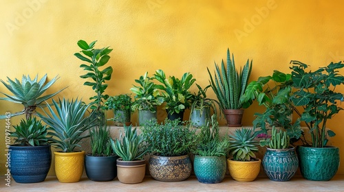 An assortment of potted plants arranged on a shelf against a yellow wall photo