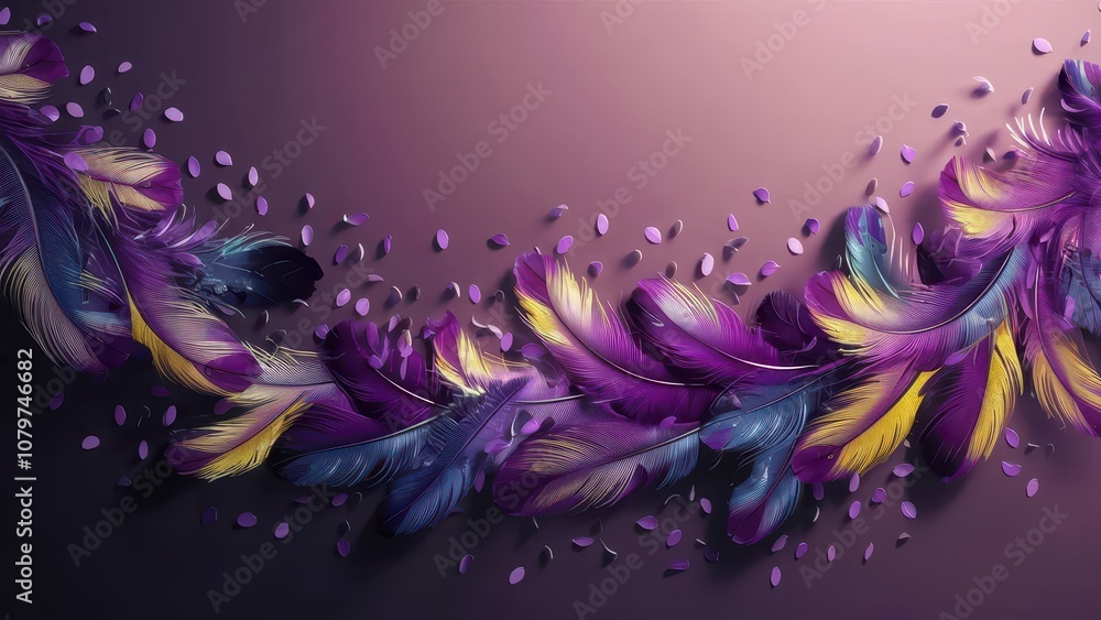 Obraz premium Colorful feathers accented with details, in purple, blue and gold tones on a pink background