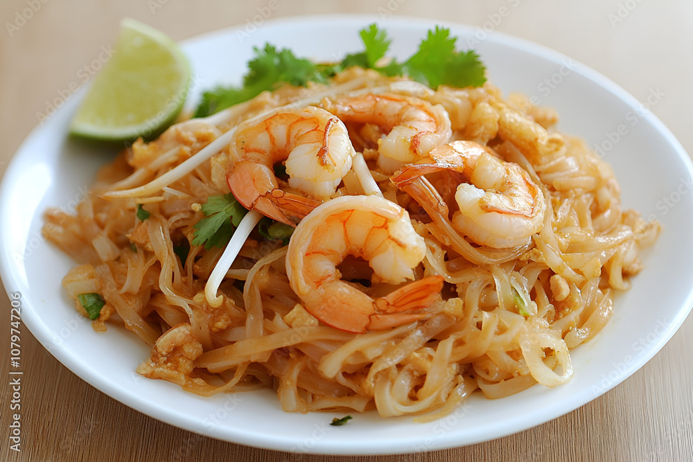 Savoring pad thai with river shrimp dining table food photography cozy environment close-up view culinary delight
