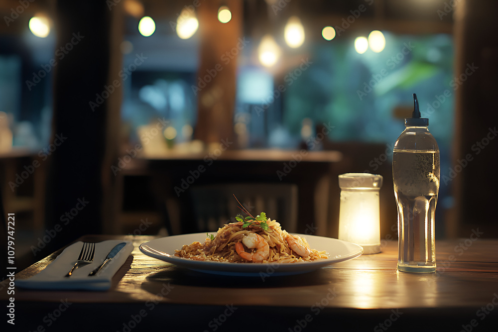 Enjoying pad thai with river shrimp in a cozy restaurant setting Enjoying pad thai with river shrimp in a cozy restaurant setting