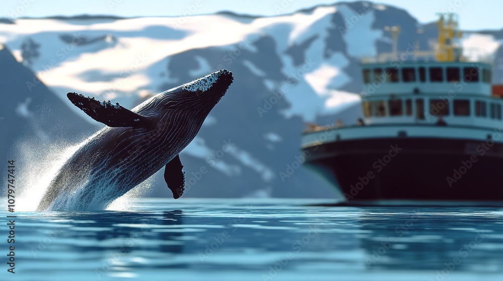 Fototapeta premium A thrilling wildlife adventure, observing whales breaching the surface during a boat expedition.
