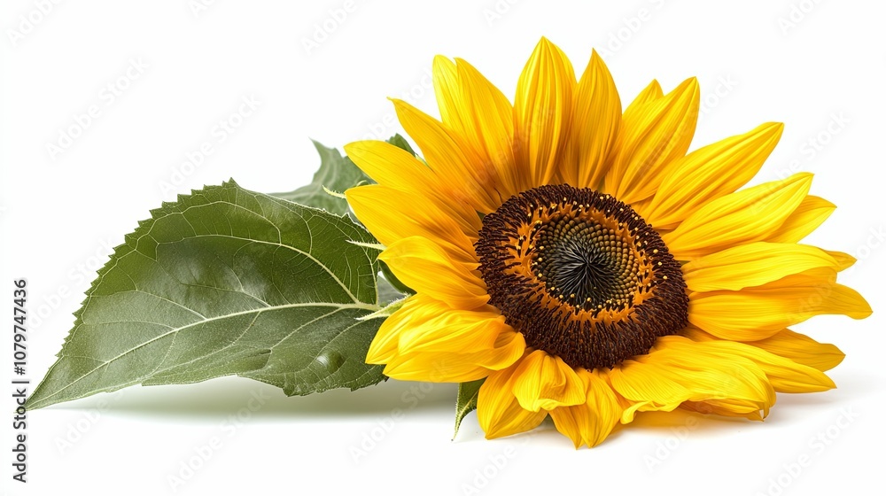 A Single Sunflower with Green Leaf Isolated on White Background A Single Sunflower with Green Leaf Isolated on White Background