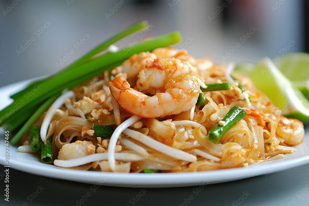 Savoring pad thai with river shrimp street side dish photography culinary scene close-up thai cuisine delight