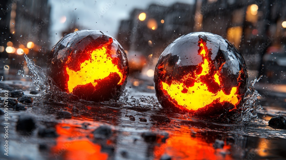 Burning Spheres in Water Splashes Abstract Art 3D Render Glowing Lava Hot Molten Urban City Night Burning Spheres in Water Splashes Abstract Art 3D Render Glowing Lava Hot Molten Urban City Night