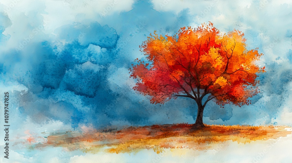 Watercolor Painting of a Solitary Tree with Red and Orange Fall Foliage Against a Blue Sky Watercolor Painting of a Solitary Tree with Red and Orange Fall Foliage Against a Blue Sky