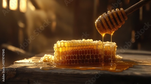 A rustic scene with a honey dipper drizzling golden honey over fresh honeycomb, set on a weathered wooden table with soft natural lighting highlighting its sweetness