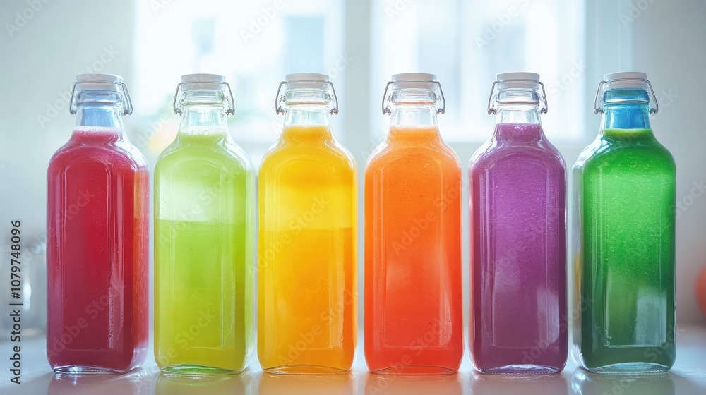 A selection of colorful smoothies in bottles, each bursting with different colors and fruits, arranged in a fresh and bright kitchen setting A selection of colorful smoothies in bottles, each bursting with different colors and fruits, arranged in a fresh and bright kitchen setting