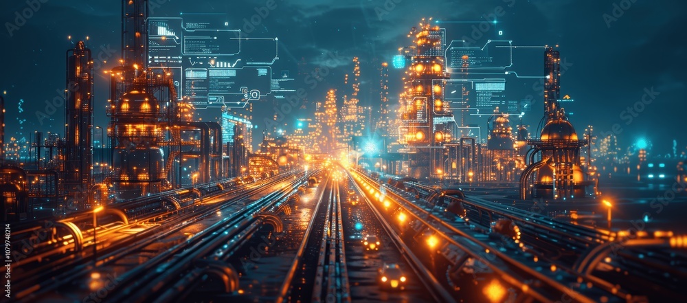 futuristic oil gas refinery with holographic data visualization technology tanks pipes industrial facility petrochemical factory energy chart dynamic shadows road cars high-tech illustration futuristic oil gas refinery with holographic data visualization technology tanks pipes industrial facility petrochemical factory energy chart dynamic shadows road cars high-tech illustration