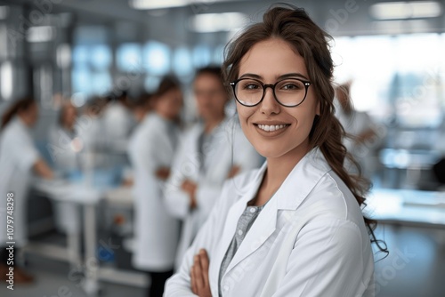 Young Woman Scientist in Lab Coat Smiling with Team in Modern Laboratory Working on Advanced Biotechnology Research Project