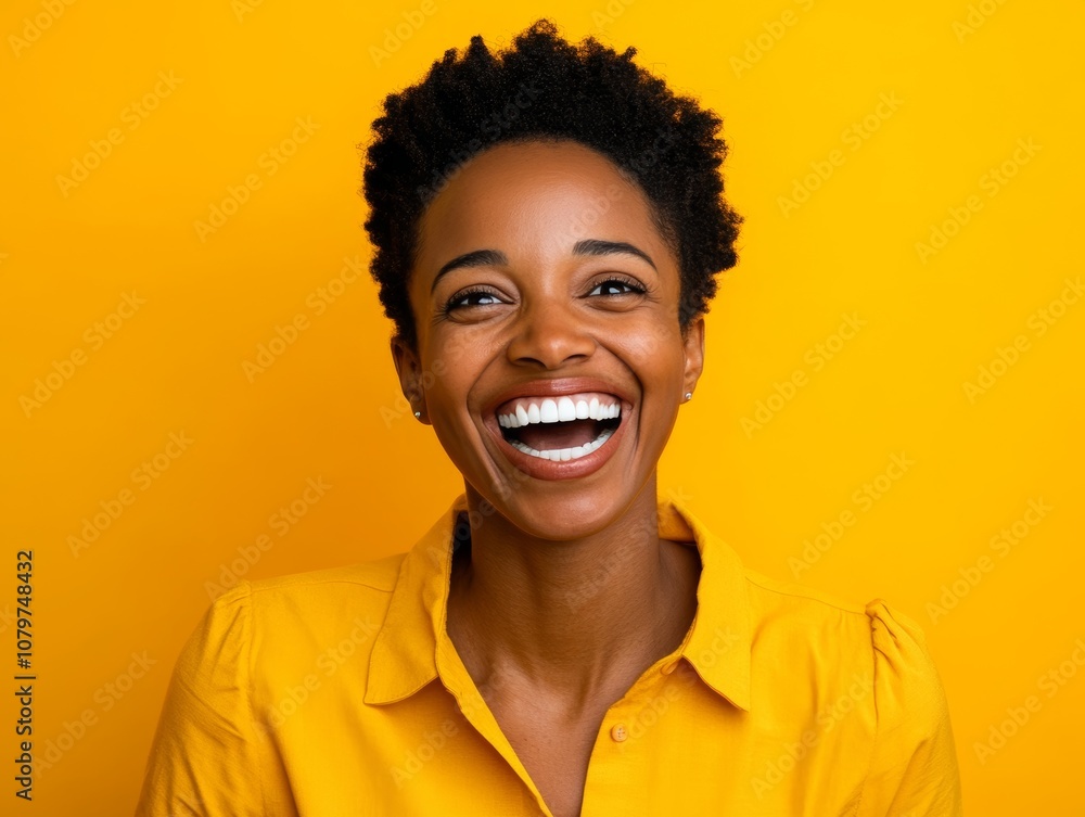 A joyful woman smiling brightly against a vibrant yellow background. A joyful woman smiling brightly against a vibrant yellow background.