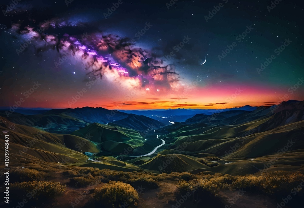 Obraz premium Beautiful and Peaceful Nature Scenery Illustration Landscape Countryside Tranquil Vibrant and Colorful