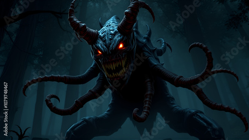 Menacing, monstrous creature with glowing eyes, sharp teeth, and tentacle-like appendages in a dark forest photo